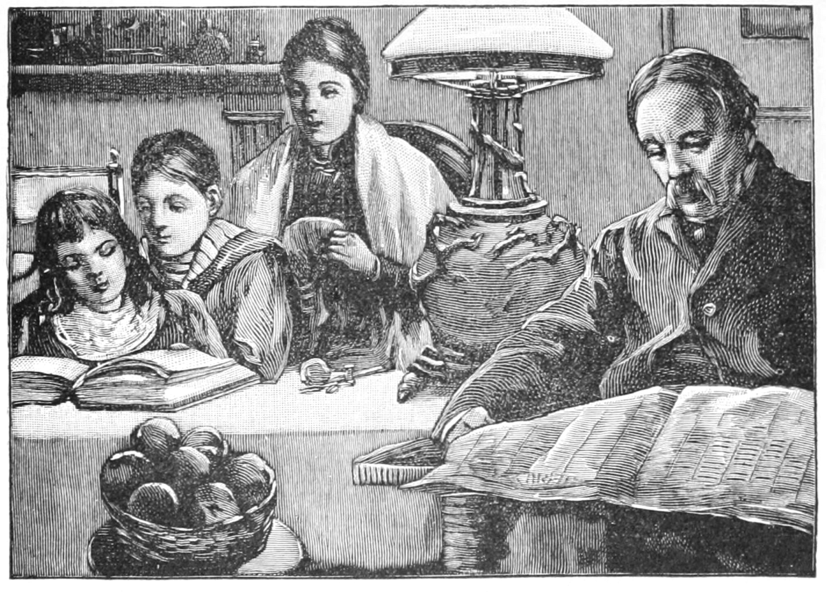 Family reading at home, from an 1879 school reader. McGuffey's Second Reader. (Public Domain)