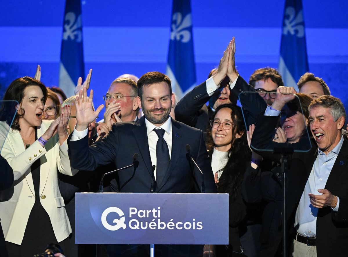 Parti Quebecois Leader and Premier-Elect Paul St-Pierre Plamondon speaks to supporters after winning the provincial election, in Montreal on Oct. 5, 2026. (The Canadian Press/Graham Hughes)