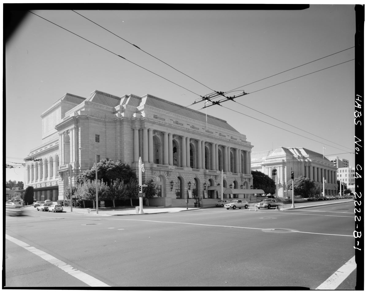 A corner view of the Civic Center, Opera House, San Francisco. Library of Congress. (Public Domain)