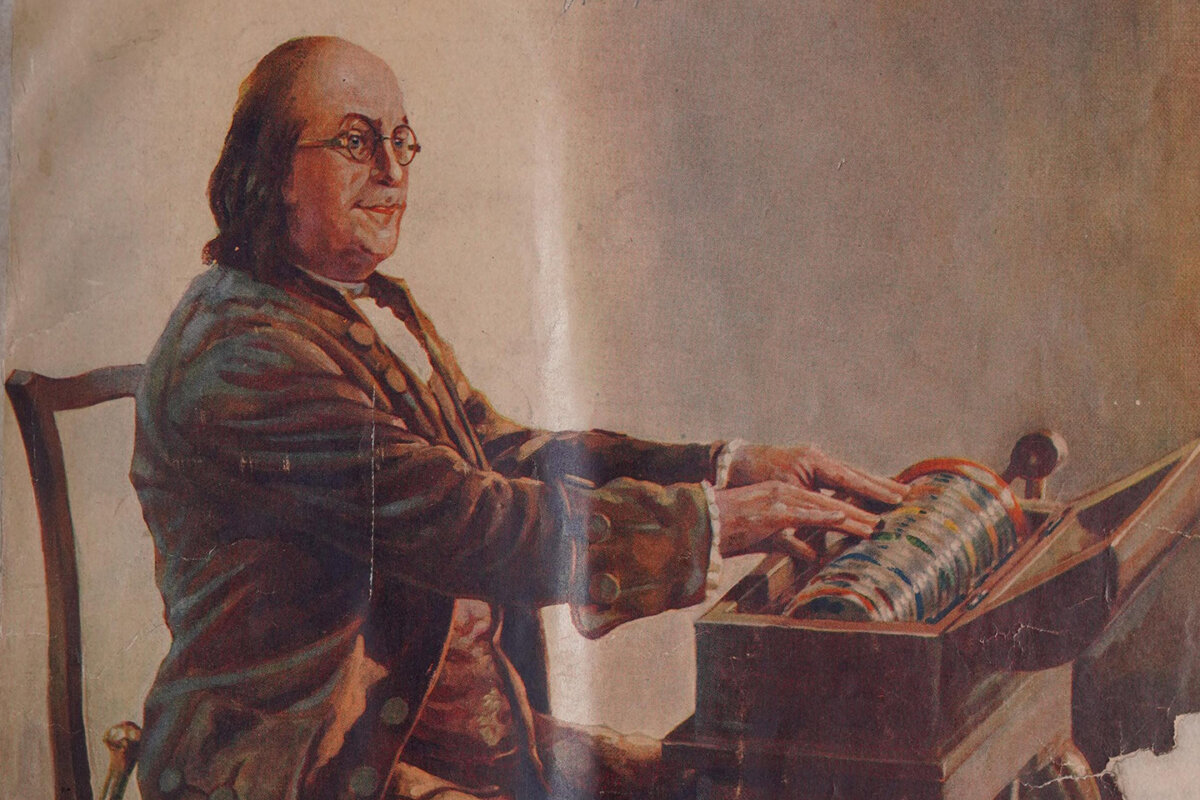 A detail of Benjamin Franklin playing the glass armonica on the cover of Etude magazine, 1927. Internet Archive. (Public Domain)