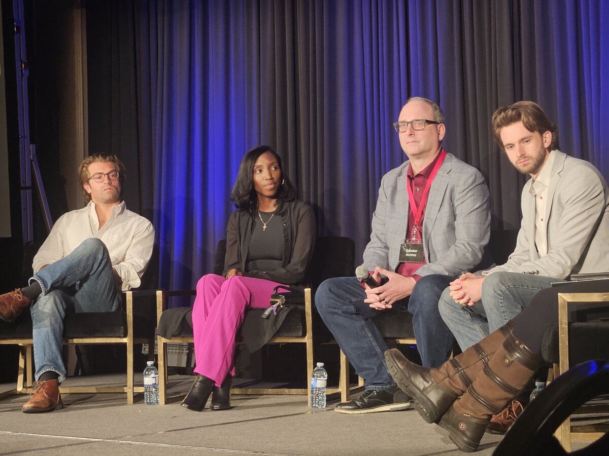 (L-R) American author Will Witt, Rebel News reporter Drea Humphrey, journalist Jason Lavigne, and Onward Canada executive director Josh Senneker take part in a panel discussion at the Reclaiming Alberta Conference in Calgary on Oct. 3, 2026. (Michael Wing/The Epoch Times)