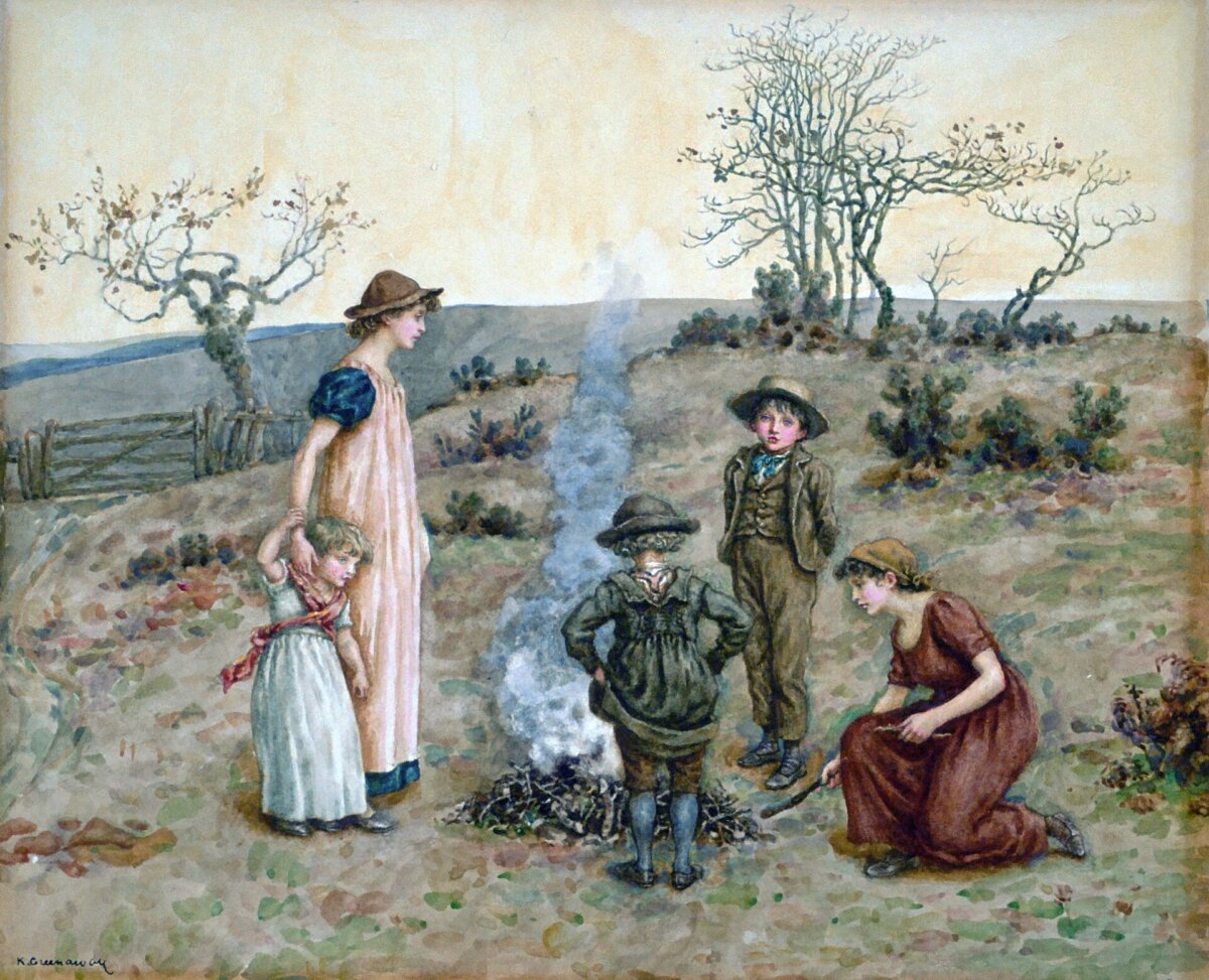 "The Stick Fire," circa 1890s, by Kate Greenaway. (Public Domain)