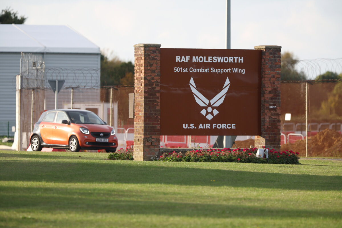 A general view of the entrance to RAF Molesworth in Huntingdon, England, on Oct. 8, 2026. (Ryan Jenkinson/Getty Images)