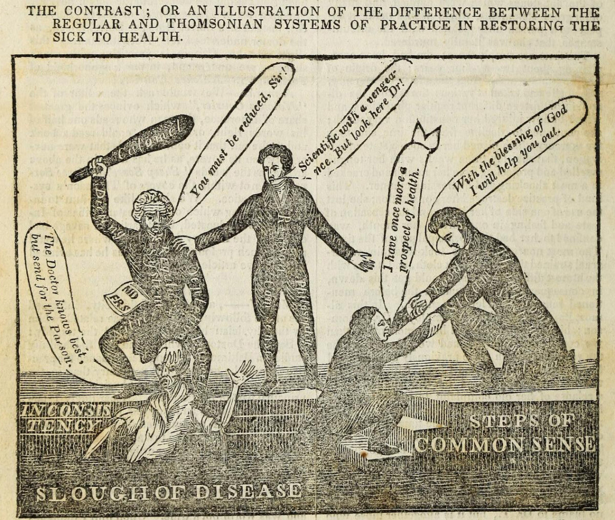 An 1834 cartoon depicting (left) a patient suffering from brutal medical practices by a doctor and saved by the intervention of a common sense approach. on the left. (Public Domain)