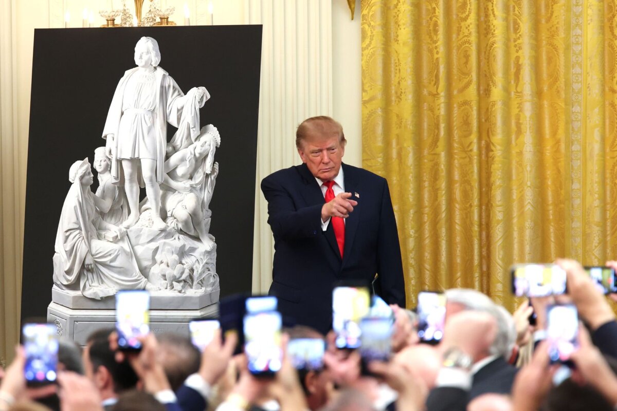 U.S. President Donald Trump arrives to a Columbus Day event in the East Room of the White House in Washington on Oct. 9, 2026. The U.S. celebrates Columbus Day on Oct. 12. (Kevin Dietsch/Getty Images)