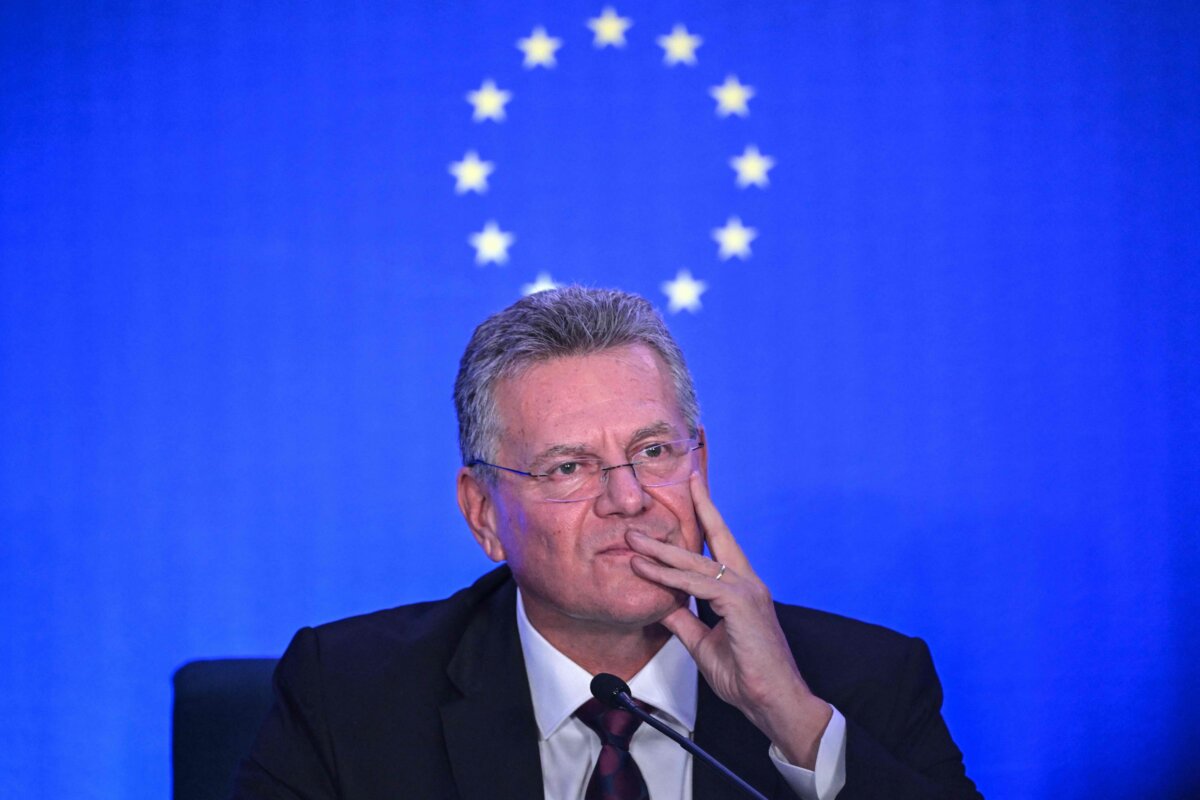 Maros Sefcovic, the EU Trade Commissioner speaks to journalists during a press conference in Beijing on Oct. 9, 2026. (Adek Berry/ AFP via Getty Images)