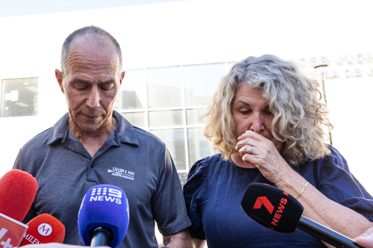Debra and Martin Robinson, parents of Australian brothers Callum and Jake Robinson, pause during a news conference after the trial of the men accused of murdering the brothers and an American friend, in Ensenada, Mexico, Friday, Oct. 9, 2026. (Karen Castaneda/AP Photo)
