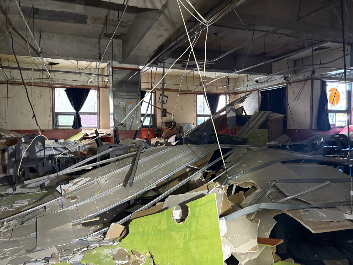 A general view of a scene after parts of a plaster ceiling collapsed at a building in Daegu, South Korea, Saturday, Oct. 10, 2026. (Kim Hyun-tae/Yonhap via AP)