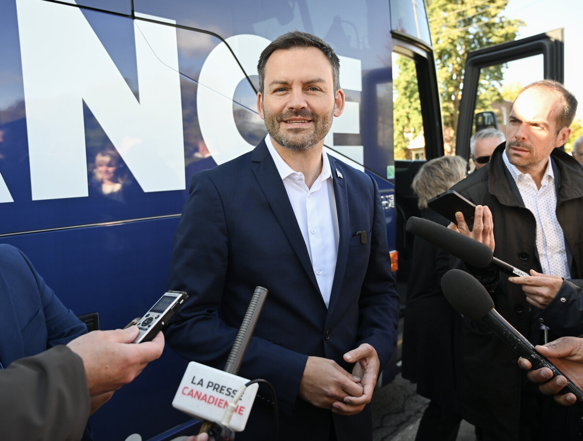 Parti Québécois Leader Paul St-Pierre Plamondon speaks to the media after casting his ballot on election day in Montreal on Oct. 5, 2026. (The Canadian Press/Graham Hughes)