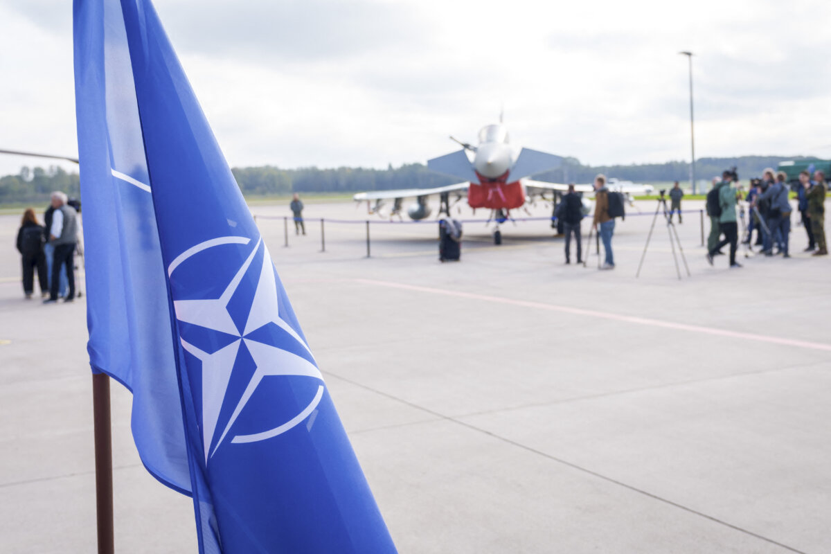 The NATO flag is seen during the NATO Media Day at the Lielvarde Air Base in Lielvarde, Latvia, on October 1, 2026. (Gints Ivuskans / AFP via Getty Images)