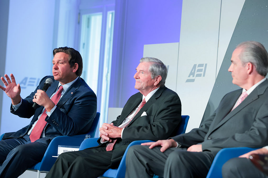 Florida Governor Ron DeSantis (L) speaks during an event at the American Enterprise Institute for Public Policy Research headquarters, in Washington, D.C., on June 3, 2026. The think tank held the event called “Reining in America’s National Debt Once and for All” and featuring current and former politicians. (Anna Moneymaker/Getty Images)
