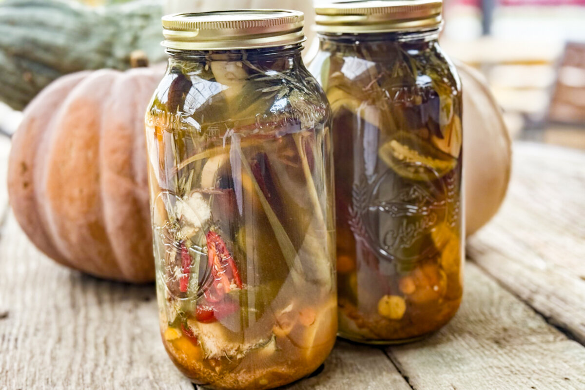Jars of fire cider made at a fire cider making class hosted by Mollie Engelhart at her ranch at Bandera, Texas, on Oct. 10, 2026. (Courtesy of Mollie Engelhart)
