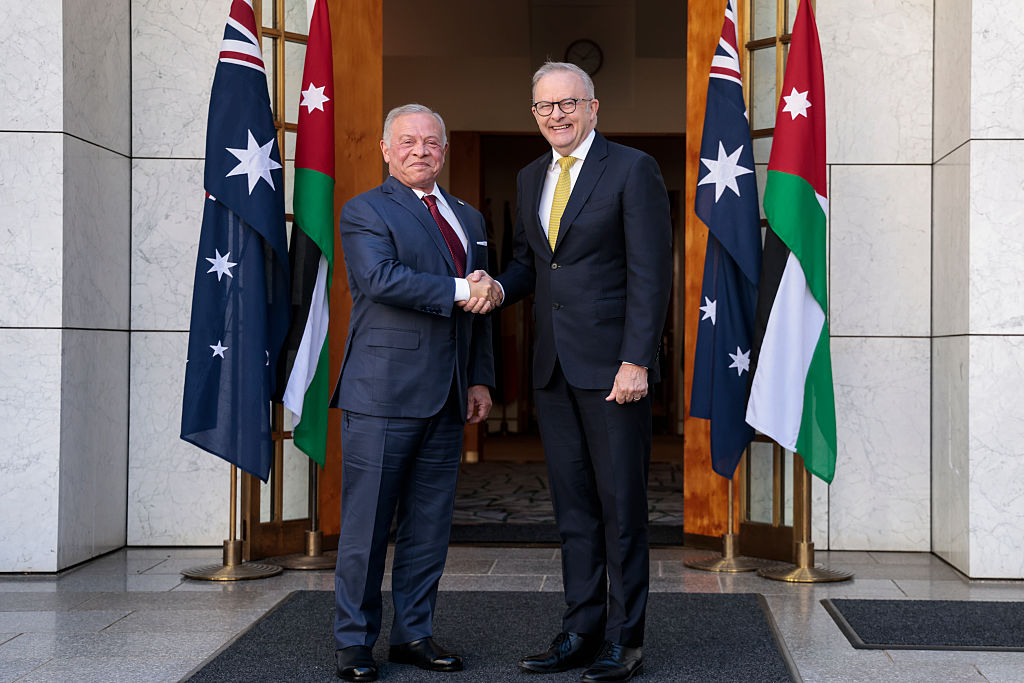 King of Jordan, His Majesty King Abdullah II shakes hands with Prime Minister Anthony Albanese at Parliament House in Canberra, Australia on Oct. 14, 2026. (Hilary Wardhaugh/Getty Images)