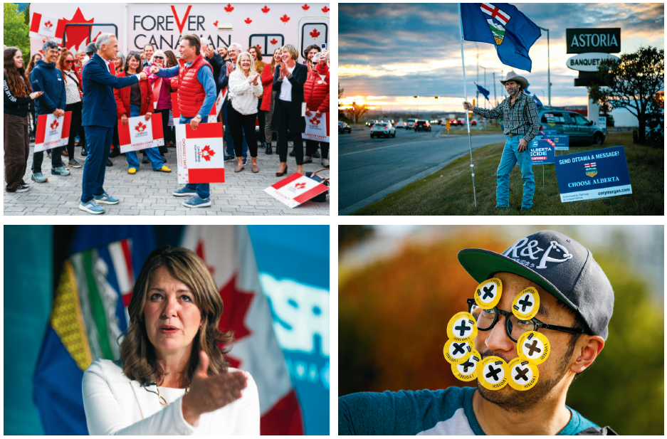 (Clockwise from top-right) A supporter of Alberta independence in Calgary on Oct. 13, 2026. (Carlos Herrera for The Epoch Times) A voter wears "I voted" stickers after casting his referendum vote at an advance polling station in Calgary on Oct. 13, 2026. (The Canadian Press/Jeff McIntosh) Alberta Premier Danielle Smith speaks at an event in Ottawa on April 10, 2025. (The Canadian Press/Adrian Wyld) Prime Minister Mark Carney and Forever Canadian founder and former Alberta Deputy Premier Thomas Lukaszuk bump fists in Banff, Alta., on Sept. 11, 2026. (The Canadian Press/Jeff McIntosh)