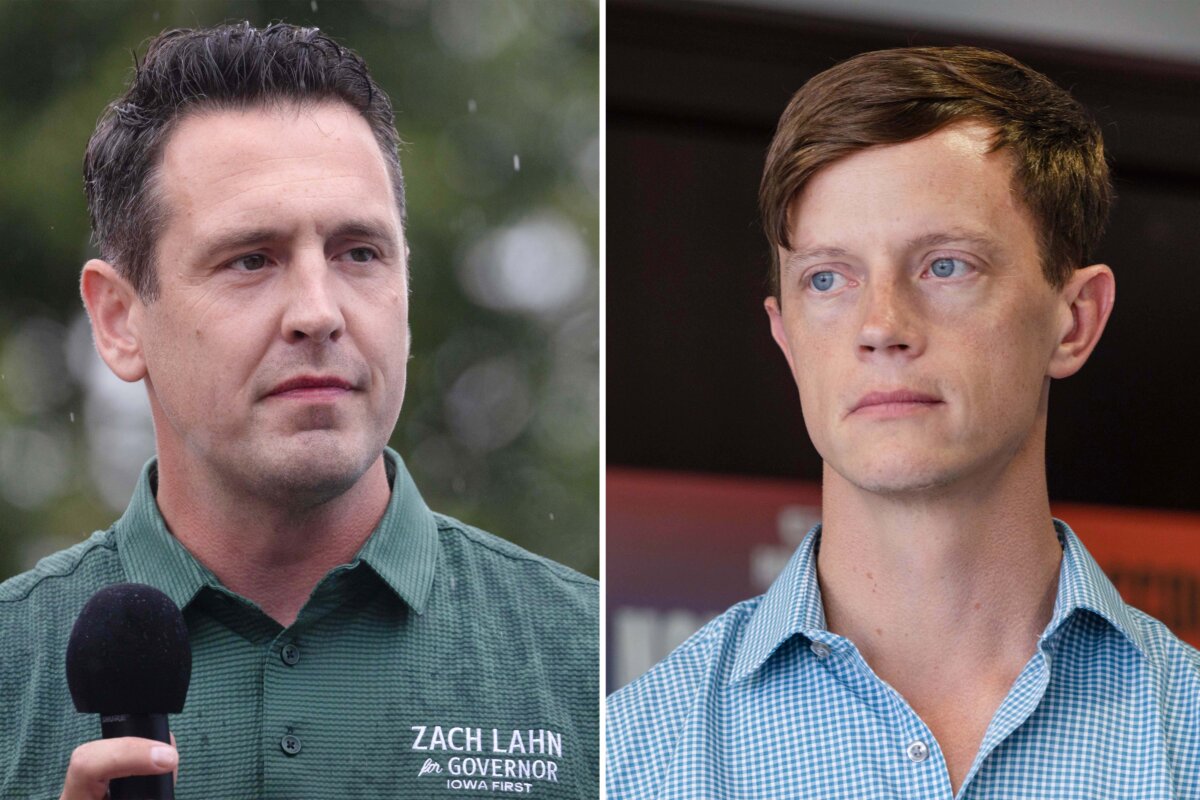 (Left) Iowa Republican gubernatorial candidate Zach Lahn speaks to fairgoers at the Iowa State Fair in Des Moines, Iowa, on Aug. 14, 2026; (Right) Iowa Democratic gubernatorial candidate Rob Sand speaks during a campaign stop at the state Education Association in Des Moines, Iowa, on Oct. 8, 2026. (Scott Olson/Getty Images)