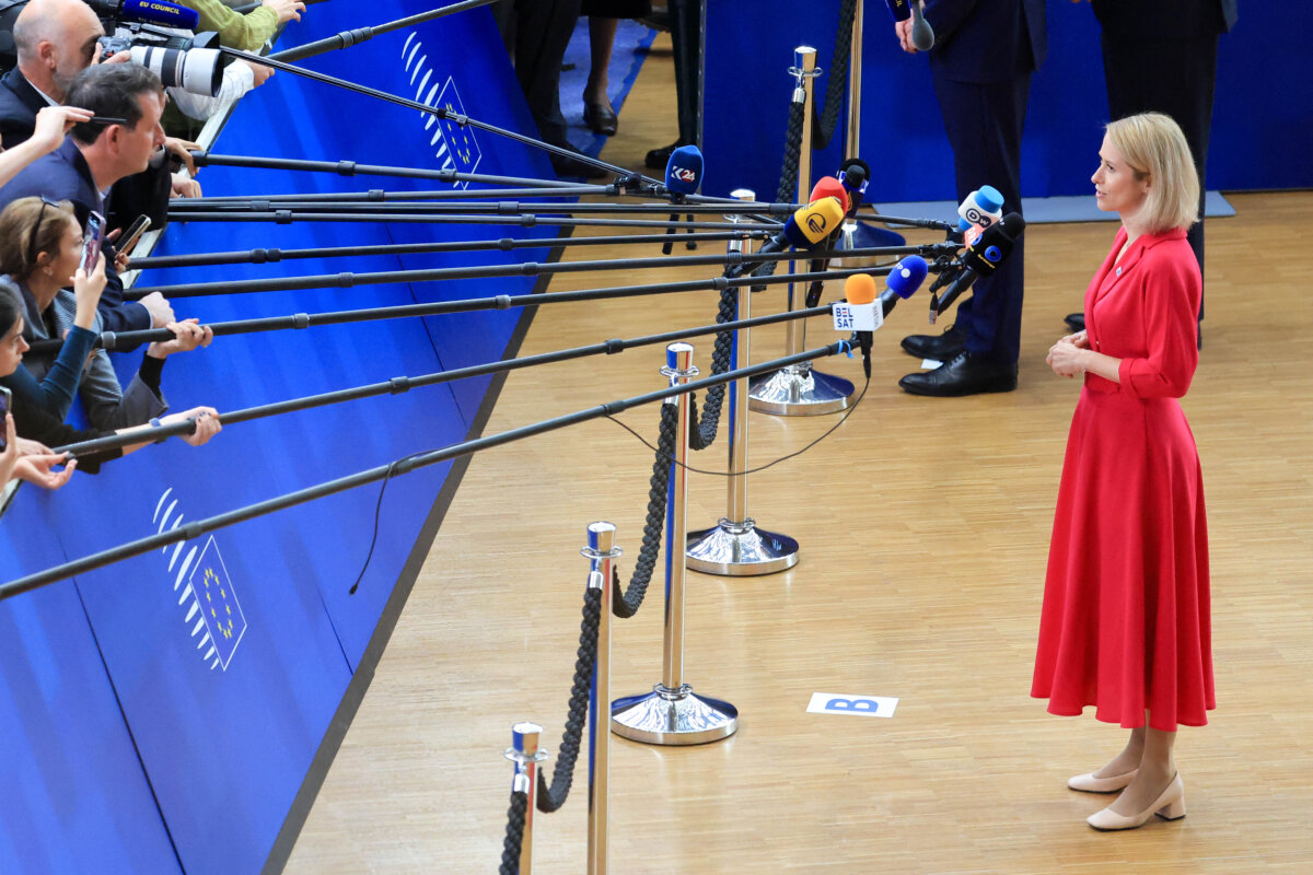EU High Representative and Vice-President for Foreign Affairs and Security Policy Kaja Kallas answers journalists' questions upon her arrival for a European Union summit at the EU headquarters in Brussels on Oct. 15, 2026. (Ludovic Marin/AFP via Getty Images)