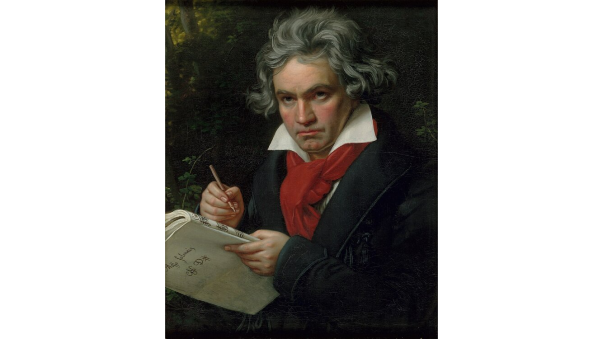 Portrait of Beethoven, 1820, by Joseph Karl Stieler. Oil on canvas; 28 1/3 inches by 23 inches. Beethoven House, Vienna. (Public Domain)
