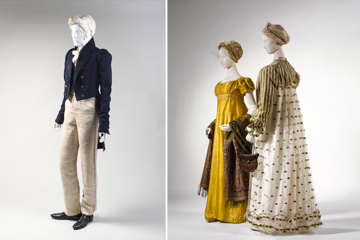 (Left) A Regency-era ensemble of a coat, trousers, and a cream vest, circa 1820. (Right) Regency-era silk dresses, 1814, with Empire waist and puff sleeves. Metropolitan Museum of Art, New York City. (Public Domain)