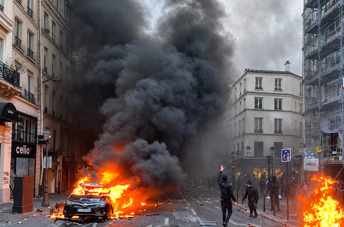 A car burns as thick black smoke billows over Boulevard Saint-Denis in Paris during violent clashes on Oct. 17, 2026, amid far-left nationwide protests.
(Etienne Fauchaire/The Epoch Times)
