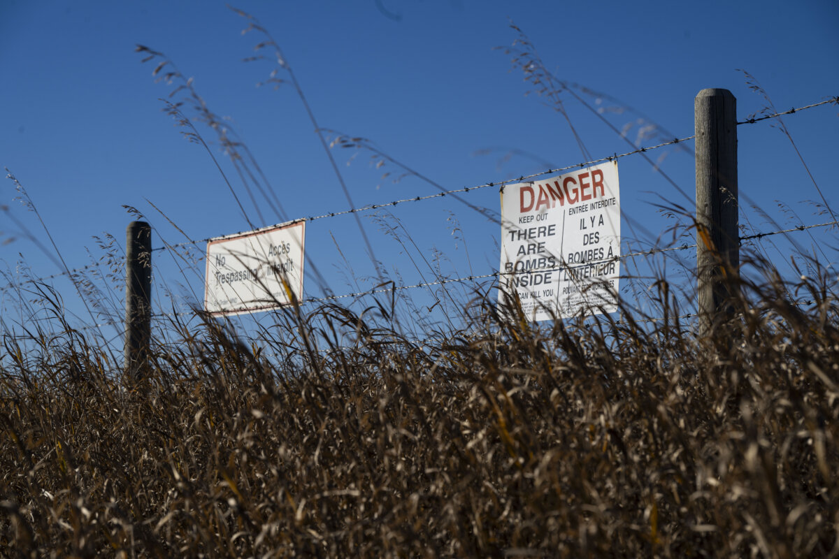 The burn area on CFB Wainwright south of the town Wainwright Alta., on Oct. 18, 2026. (The Canadian Press/John Ulan)