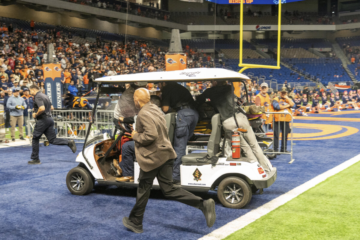 Emergency responders react to an accident before UTSA’s annual Salute to Armed Forces and Veterans football game at the Alamodome, Saturday, Oct. 17, 2026 in San Antonio, Texas. (Cody Duty/The San Antonio Express-News via AP)