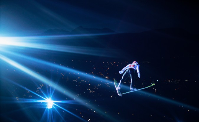 Markus Eisenbichler of Germany soars through the air during his first competition jump on Day 2 of the 65th Four Hills Tournament ski jumping event in Oberstdorf, Germany, on Dec. 30. (Adam Pretty/Bongarts/Getty Images)