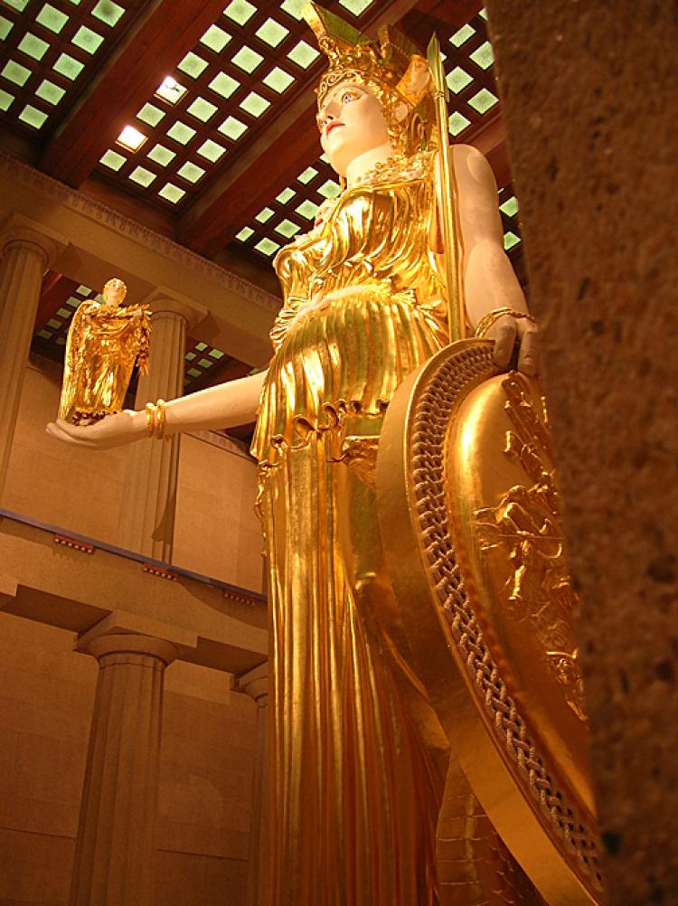 A reconstruction of the chryselephantine statue of Athena Parthenos from the Parthenon, stands on display in the Parthenon replica at Nashville, Tennessee. (Paul Lithgow) A reconstruction of the chryselephantine statue of Athena Parthenos from the Parthenon, stands on display in the Parthenon replica at Nashville, Tennessee. (Paul Lithgow)