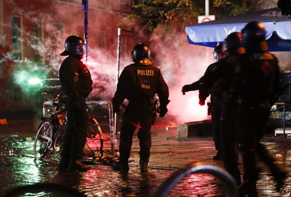 German riot police clash with protesters during demonstrations at the G20 summit in Hamburg, Germany, July 8, 2017. (Reuters/Fabrizio Bensch)