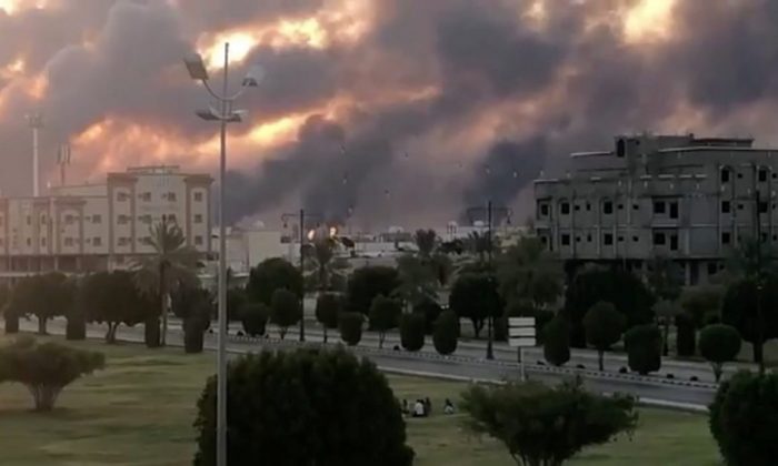 Smoke is seen following a fire at an Aramco factory in Abqaiq, Saudi Arabia, on Sept. 14, 2019. (Reuters)