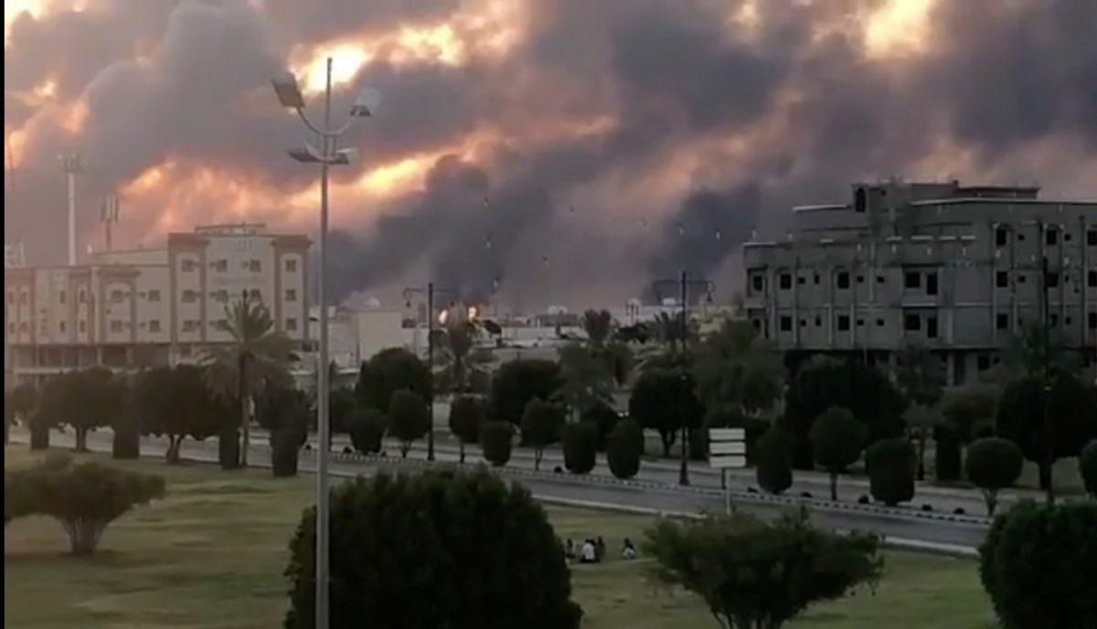 Smoke is seen following a fire at an Aramco factory in Abqaiq