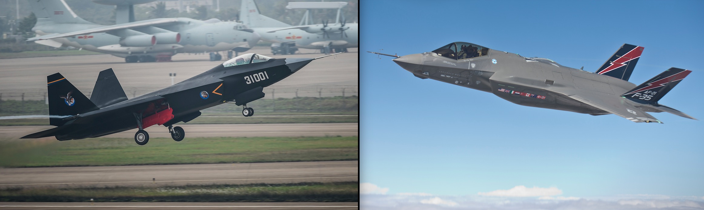 (L) A Chinese J-29 stealth fighter in Zhuhai, south China's Guangdong Province. (R) The U.S. F-35 fighter jet in which the Chinese modeled their J-29 after they hacked in to the U.S. government systems. (AP Photo/Xinhua/Liu Dawei & Lockheed Martin/Matt Short)